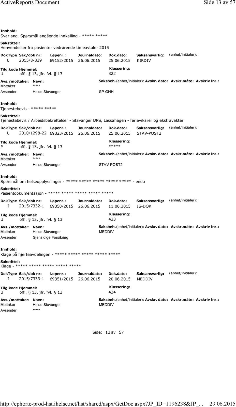 : SP-ØNH Tjenestebevis - ***** ***** Tjenestebevis / Arbeidsbekreftelser - Stavanger DPS, Lassahagen - ferievikarer og ekstravakter 2010/1298-22 69323/2015 STAV-POST2 P offl. 13, jfr. fvl.