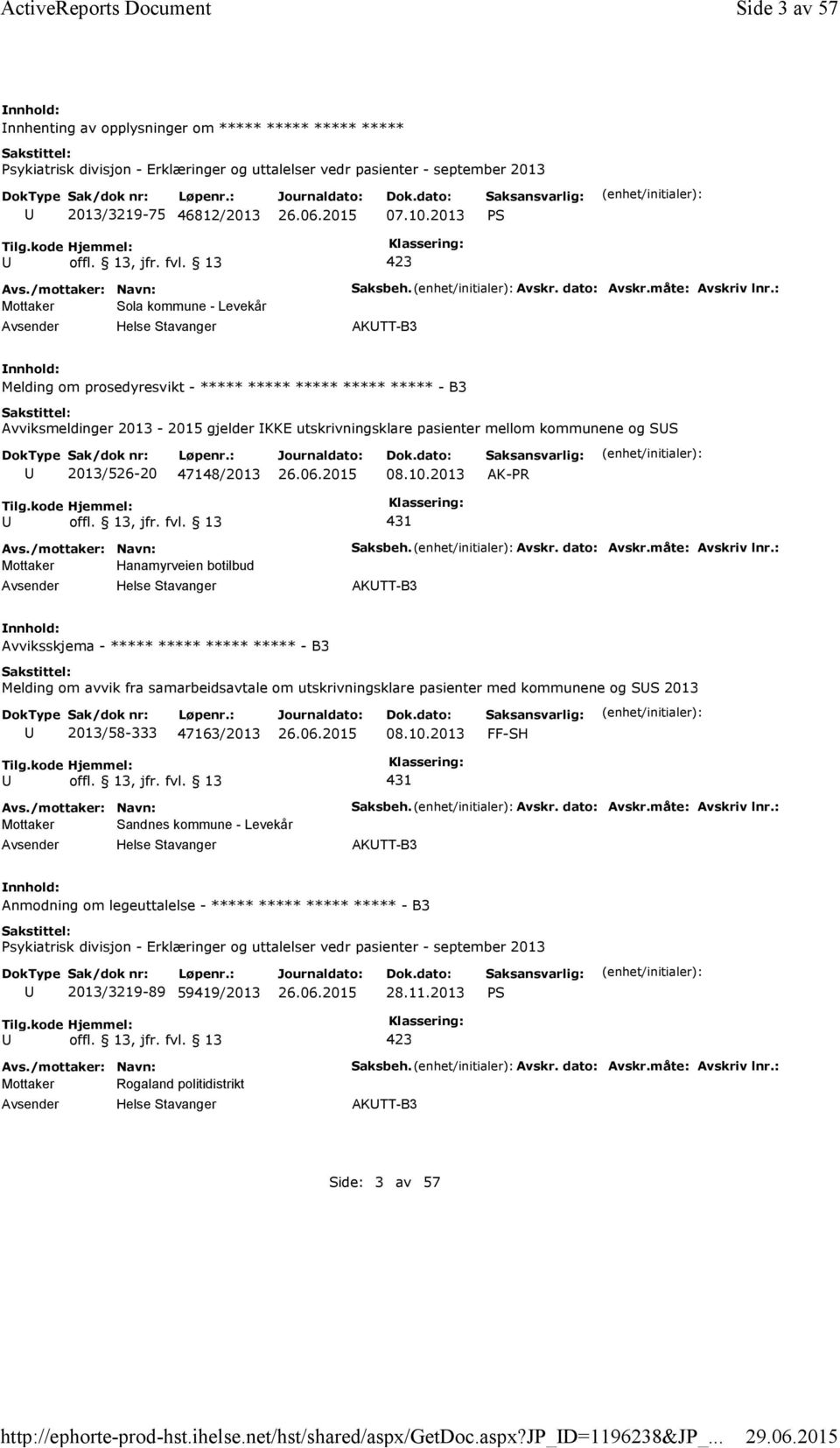 2013 PS Mottaker Sola kommune - Levekår Saksbeh. Avskr. dato: Avskr.måte: Avskriv lnr.