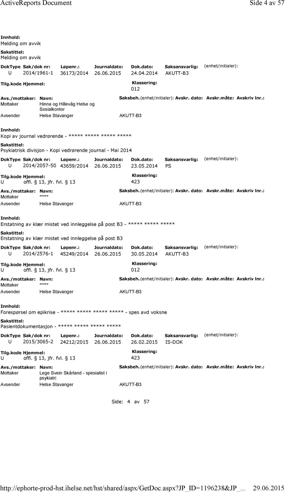 : AKTT-B3 Kopi av journal vedrørende - ***** ***** ***** ***** Psykiatrisk divisjon - Kopi vedrørende journal - Mai 2014 2014/2057-50 43659/2014 23.05.2014 PS Mottaker ***** Saksbeh. Avskr.