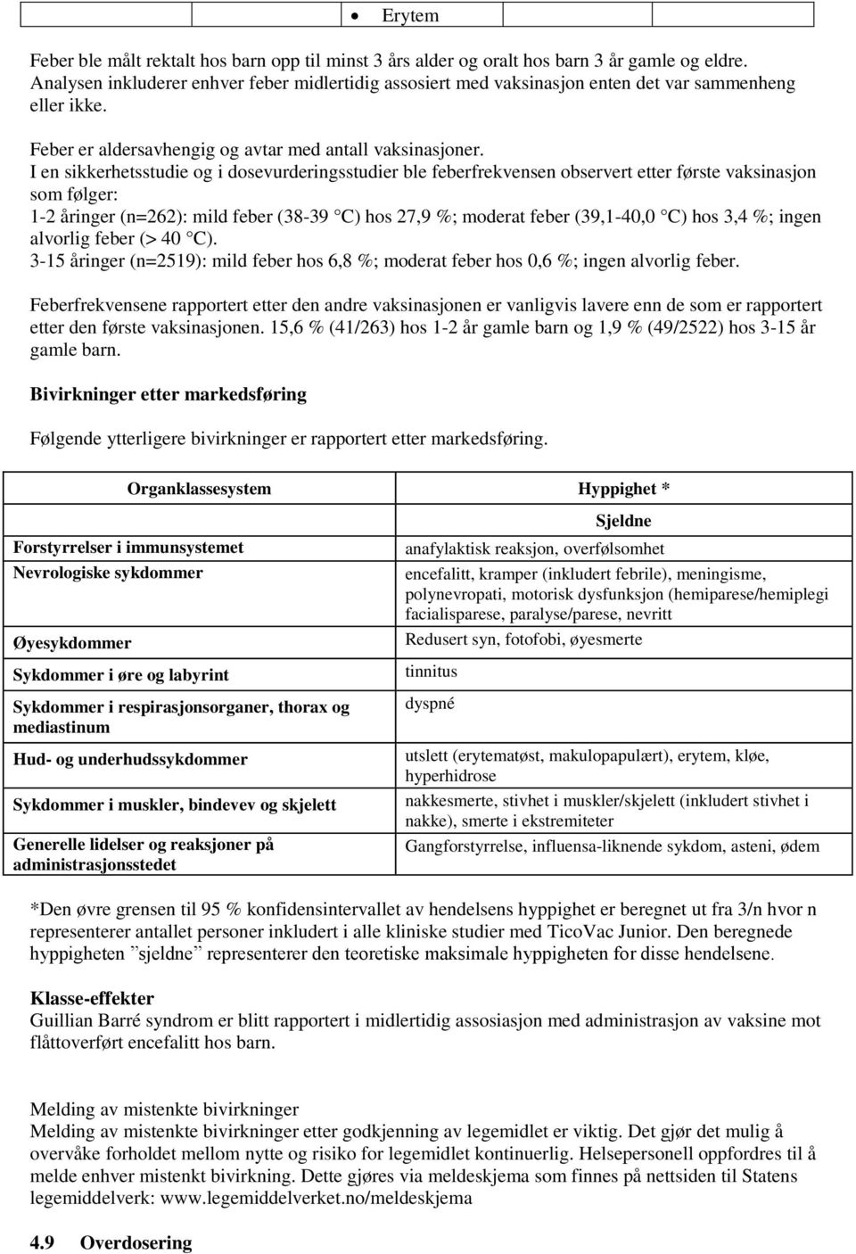 I en sikkerhetsstudie og i dosevurderingsstudier ble feberfrekvensen observert etter første vaksinasjon som følger: 1-2 åringer (n=262): mild feber (38-39 C) hos 27,9 %; moderat feber (39,1-40,0 C)