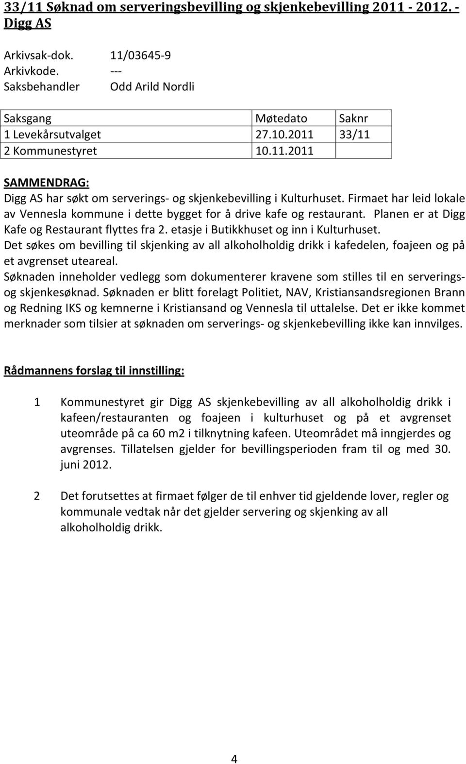 Firmaet har leid lokale av Vennesla kommune i dette bygget for å drive kafe og restaurant. Planen er at Digg Kafe og Restaurant flyttes fra 2. etasje i Butikkhuset og inn i Kulturhuset.