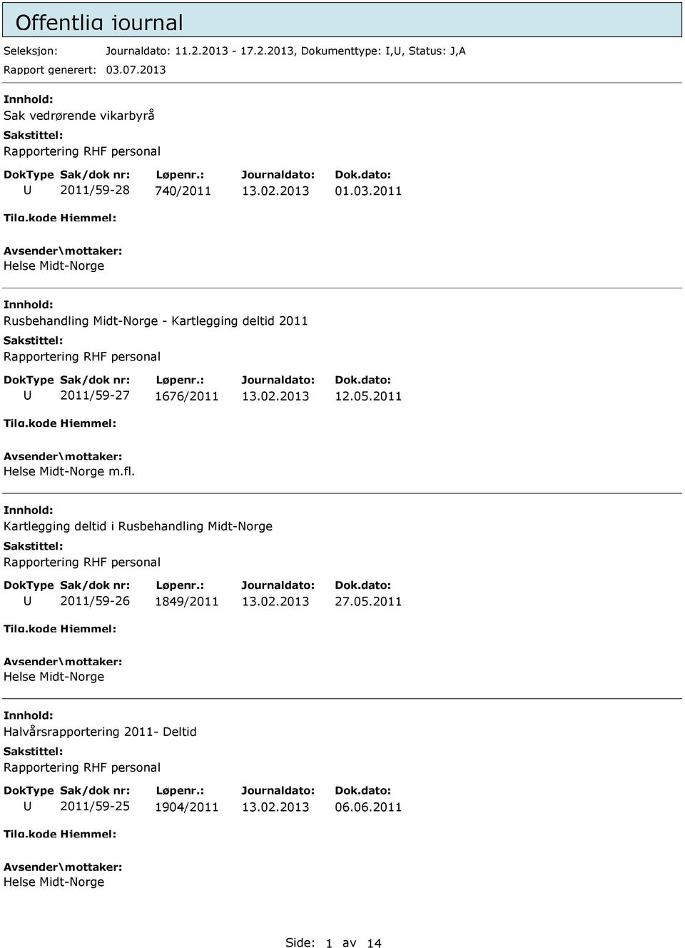 2011 Helse Midt-Norge Rusbehandling Midt-Norge - Kartlegging deltid 2011 Rapportering RHF personal 2011/59-27 1676/2011 12.05.