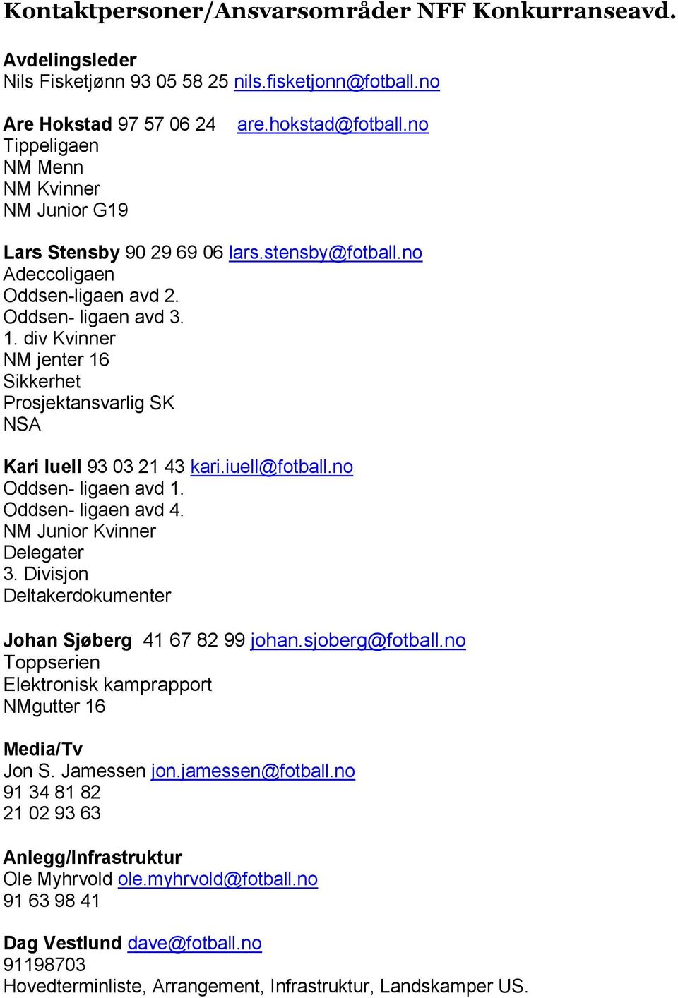 div Kvinner NM jenter 16 Sikkerhet Prosjektansvarlig SK NSA Kari Iuell 93 03 21 43 kari.iuell@fotball.no Oddsen- ligaen avd 1. Oddsen- ligaen avd 4. NM Junior Kvinner Delegater 3.