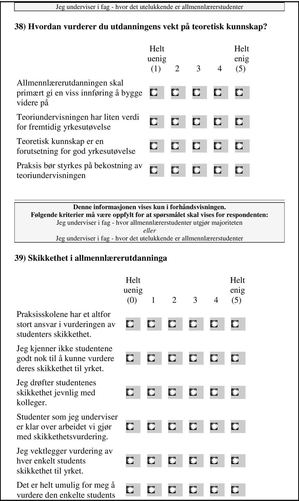 Praksis bør styrkes på bekostning av teoriundervisningen uenig (1) 2 3 4 enig (5) 39) Skikkethet i allmennlærerutdanninga Praksisskolene har et altfor stort ansvar i vurderingen av studenters