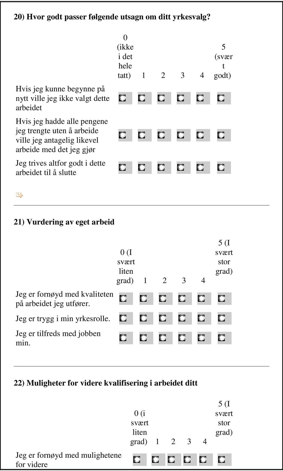 gjør Jeg trives altfor godt i dette arbeidet til å slutte 0 (ikke i det hele tatt) 1 2 3 4 5 (svær t godt) 21) Vurdering av eget arbeid Jeg er fornøyd med kvaliteten på