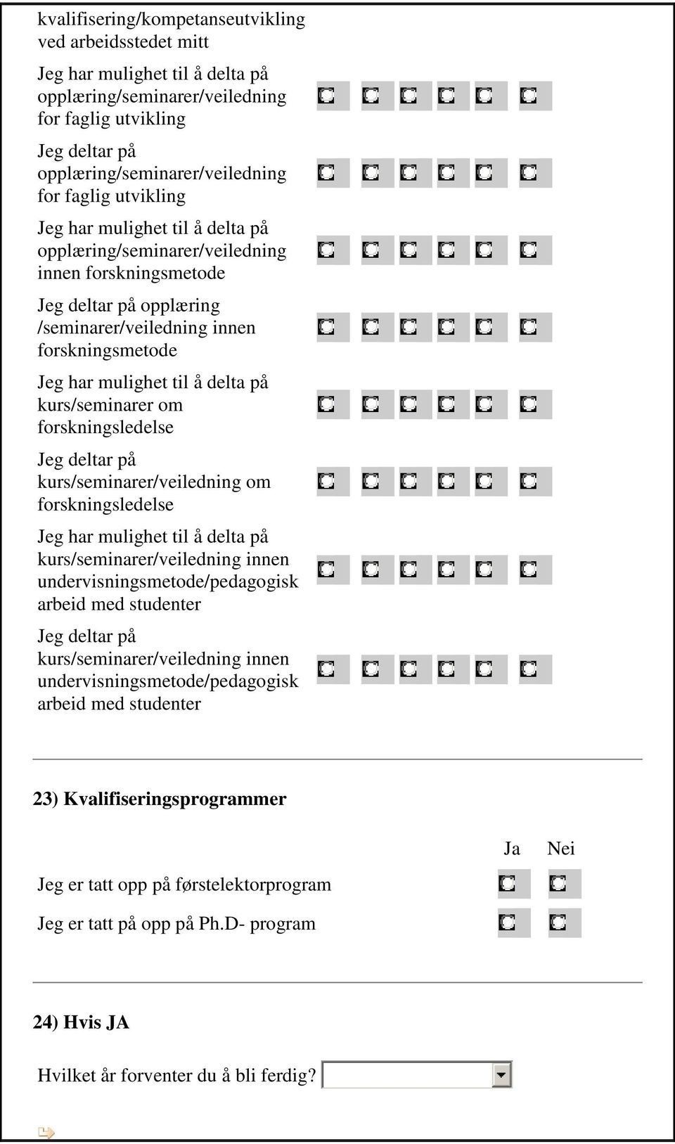 kurs/seminarer om forskningsledelse Jeg deltar på kurs/seminarer/veiledning om forskningsledelse Jeg har mulighet til å delta på kurs/seminarer/veiledning innen undervisningsmetode/pedagogisk arbeid