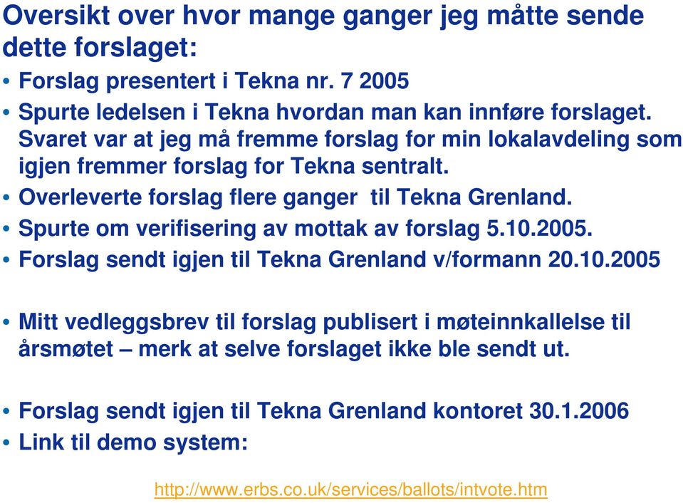 Spurte om verifisering av mottak av forslag 5.10.2005. Forslag sendt igjen til Tekna Grenland v/formann 20.10.2005 Mitt vedleggsbrev til forslag publisert i møteinnkallelse til årsmøtet merk at selve forslaget ikke ble sendt ut.