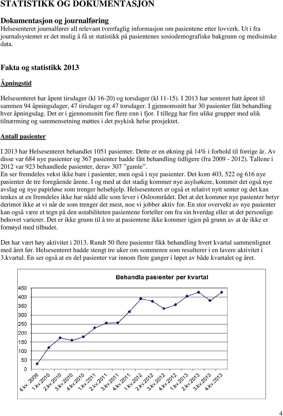 Fakta og statistikk 2013 Åpningstid Helsesenteret har åpent tirsdager (kl 16-20) og torsdager (kl 11-15). I 2013 har senteret hatt åpent til sammen 94 åpningsdager, 47 tirsdager og 47 torsdager.