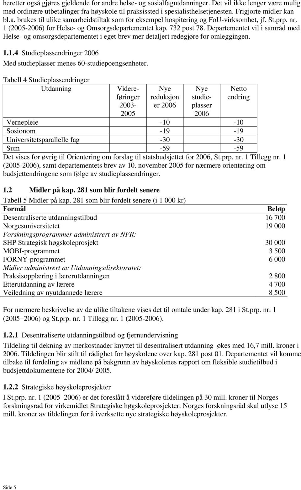 Departementet vil i samråd med Helse- og omsorgsdepartementet i eget brev mer detaljert redegjøre for omleggingen. 1.1.4 Studieplassendringer 2006 Med studieplasser menes 60-studiepoengsenheter.