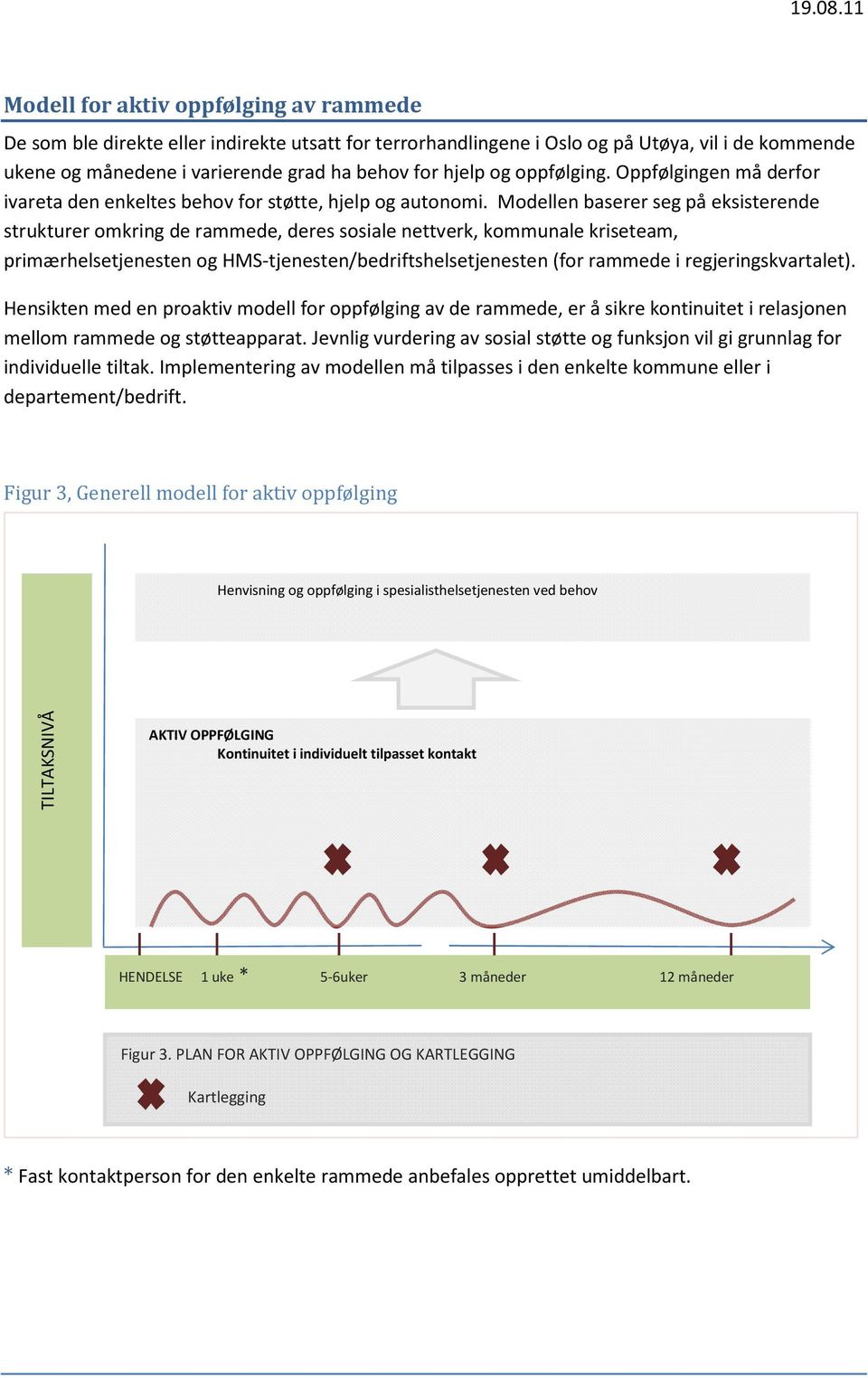 Modellen baserer seg på eksisterende strukturer omkring de rammede, deres sosiale nettverk, kommunale kriseteam, primærhelsetjenesten og HMS-tjenesten/bedriftshelsetjenesten (for rammede i