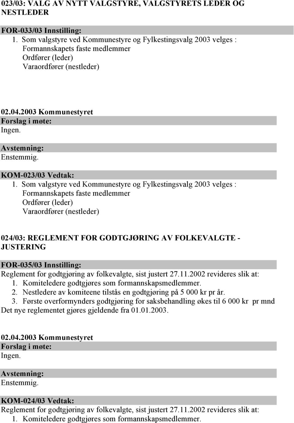 Som valgstyre ved Kommunestyre og Fylkestingsvalg 2003 velges : Formannskapets faste medlemmer Ordfører (leder) Varaordfører (nestleder) 024/03: REGLEMENT FOR GODTGJØRING AV FOLKEVALGTE - JUSTERING