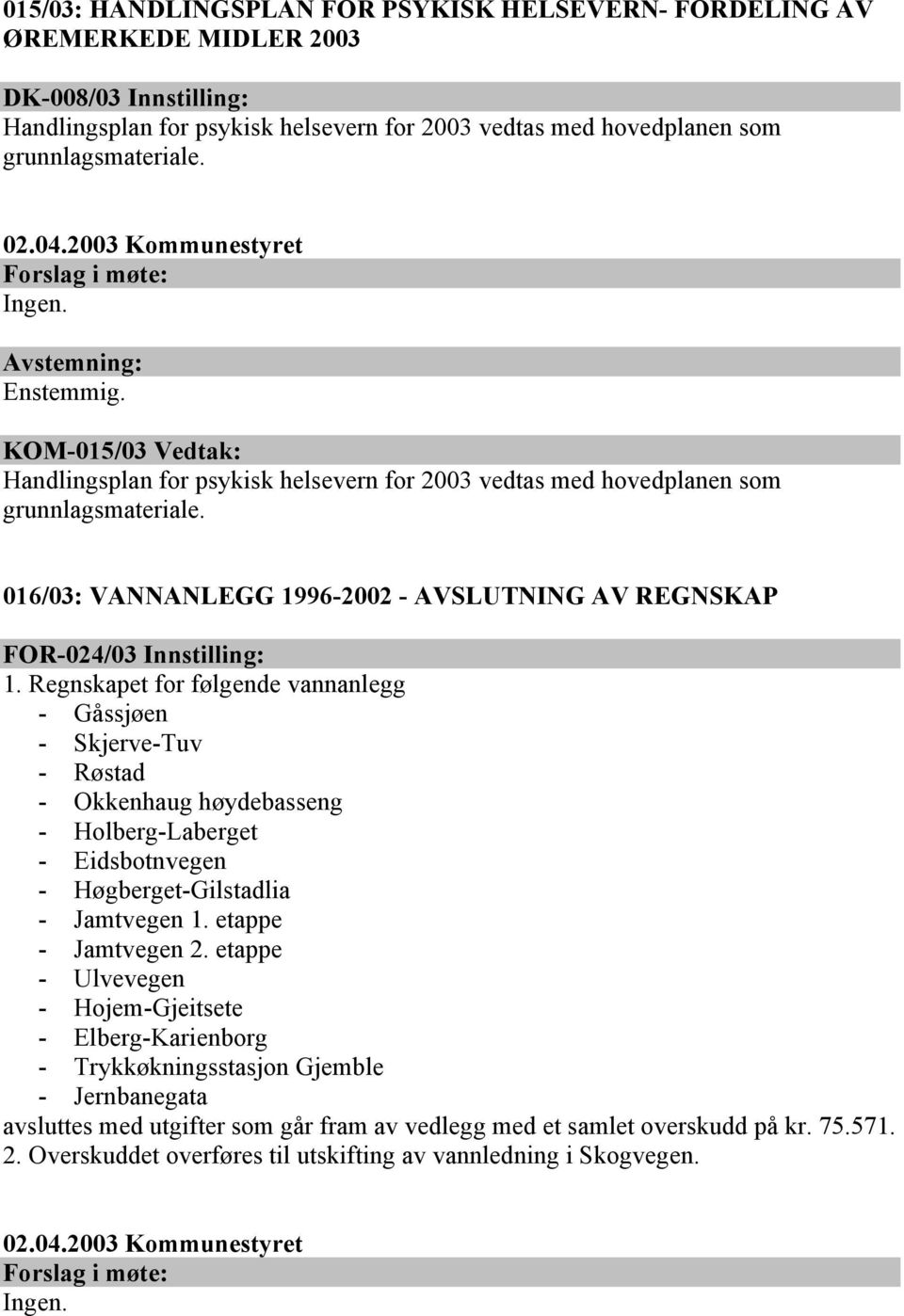 Regnskapet for følgende vannanlegg - Gåssjøen - Skjerve-Tuv - Røstad - Okkenhaug høydebasseng - Holberg-Laberget - Eidsbotnvegen - Høgberget-Gilstadlia - Jamtvegen 1. etappe - Jamtvegen 2.