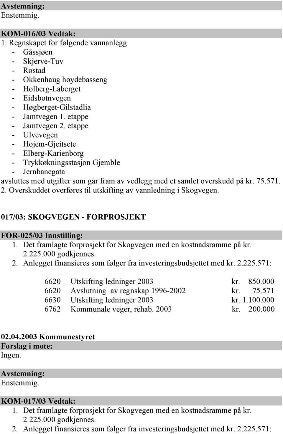 etappe - Ulvevegen - Hojem-Gjeitsete - Elberg-Karienborg - Trykkøkningsstasjon Gjemble - Jernbanegata avsluttes med utgifter som går fram av vedlegg med et samlet overskudd på kr. 75.571. 2.