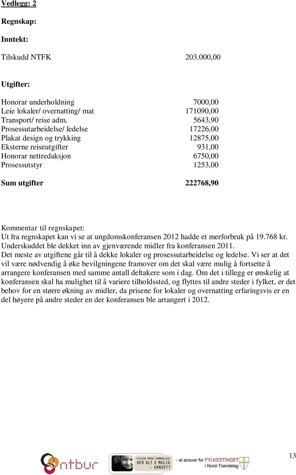 regnskapet: Ut fra regnskapet kan vi se at ungdomskonferansen 2012 hadde et merforbruk på 19.768 kr. Underskuddet ble dekket inn av gjenværende midler fra konferansen 2011.