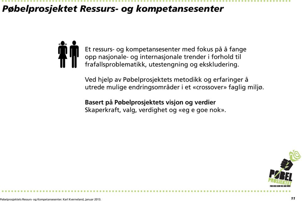 Ved hjelp av Pøbelprosjektets metodikk og erfaringer å utrede mulige endringsområder i et «crossover» faglig miljø.