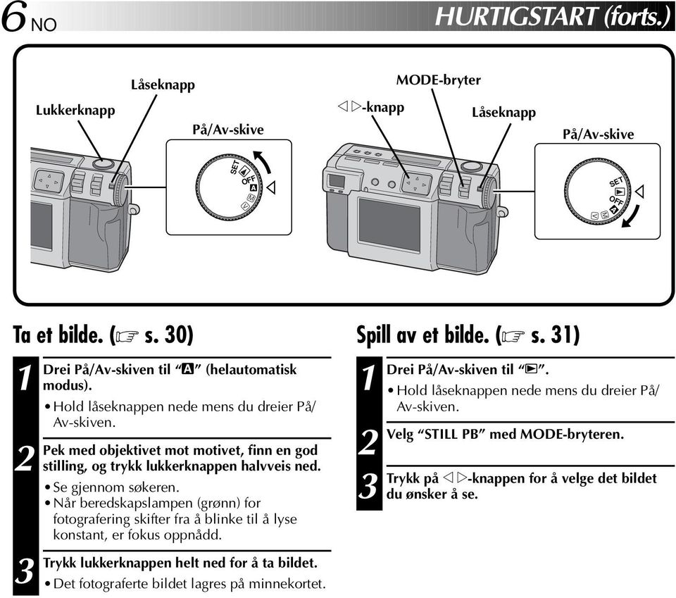 Når beredskapslampen (grønn) for fotografering skifter fra å blinke til å lyse konstant, er fokus oppnådd. Trykk lukkerknappen helt ned for å ta bildet.