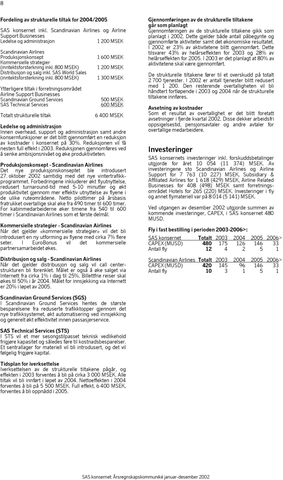 800 MSEK) Distribusjon og salg inkl. SAS World Sales (inntektsforsterkning inkl.