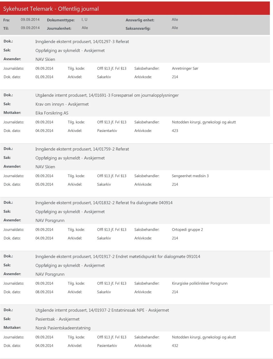 2014 Arkivdel: Pasientarkiv Inngående eksternt produsert, 14/01759-2 Referat Sengeenhet medisin 3 Inngående eksternt produsert, 14/01832-2 Referat fra dialogmøte 040914