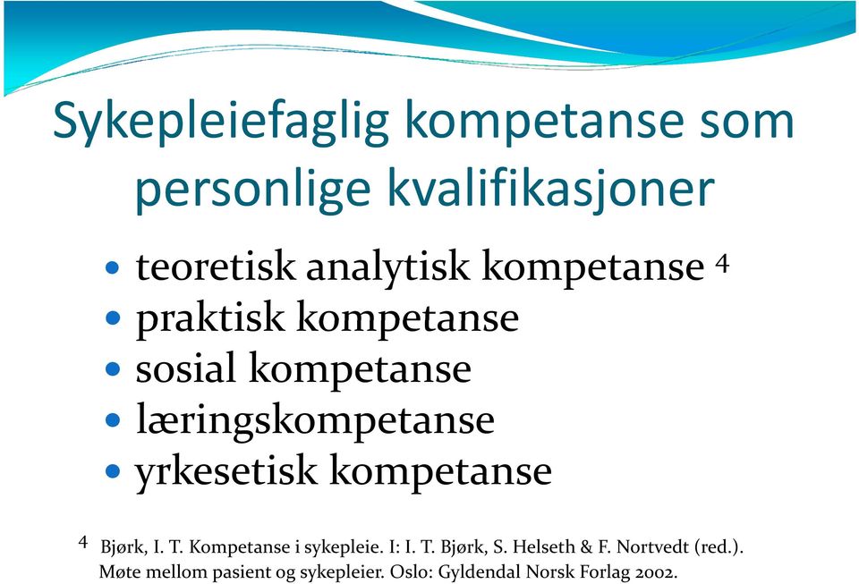 kompetanse 4 Bjørk, I. T. Kompetanse i sykepleie. I: I. T. Bjørk, S. Helseth & F.