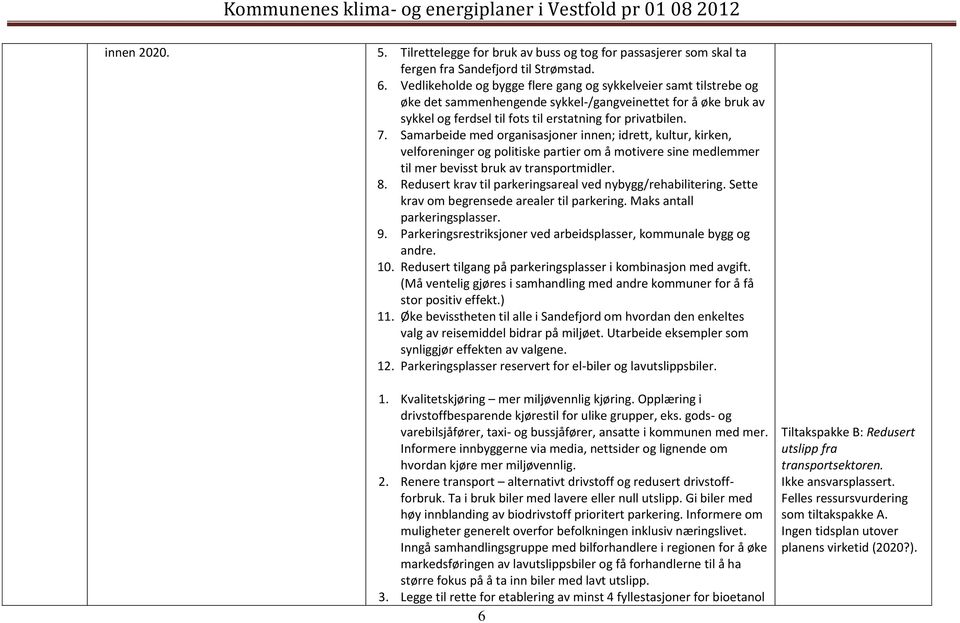 Samarbeide med organisasjoner innen; idrett, kultur, kirken, velforeninger og politiske partier om å motivere sine medlemmer til mer bevisst bruk av transportmidler. 8.