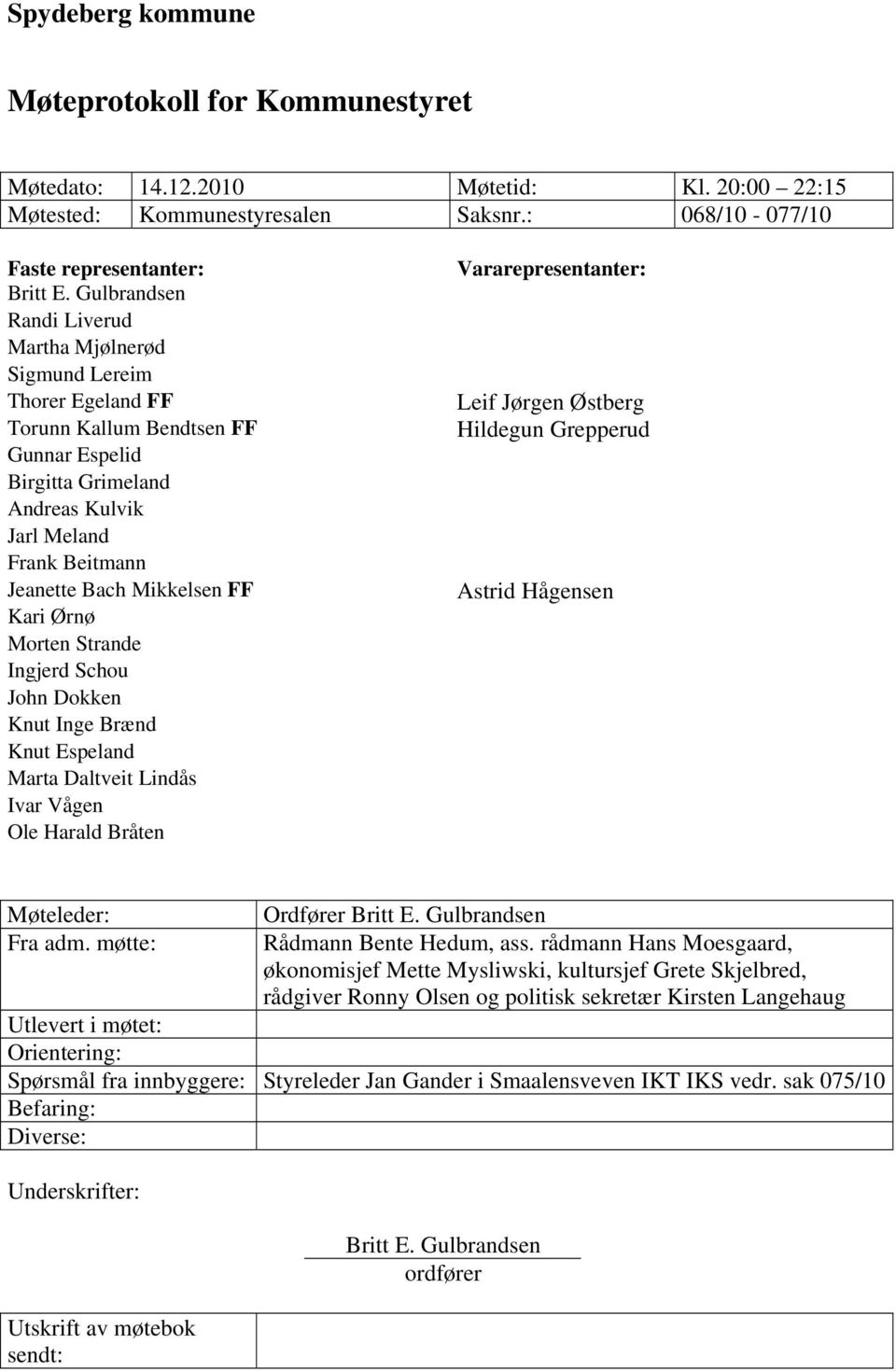 Mikkelsen FF Kari Ørnø Morten Strande Ingjerd Schou John Dokken Knut Inge Brænd Knut Espeland Marta Daltveit Lindås Ivar Vågen Ole Harald Bråten Vararepresentanter: Leif Jørgen Østberg Hildegun