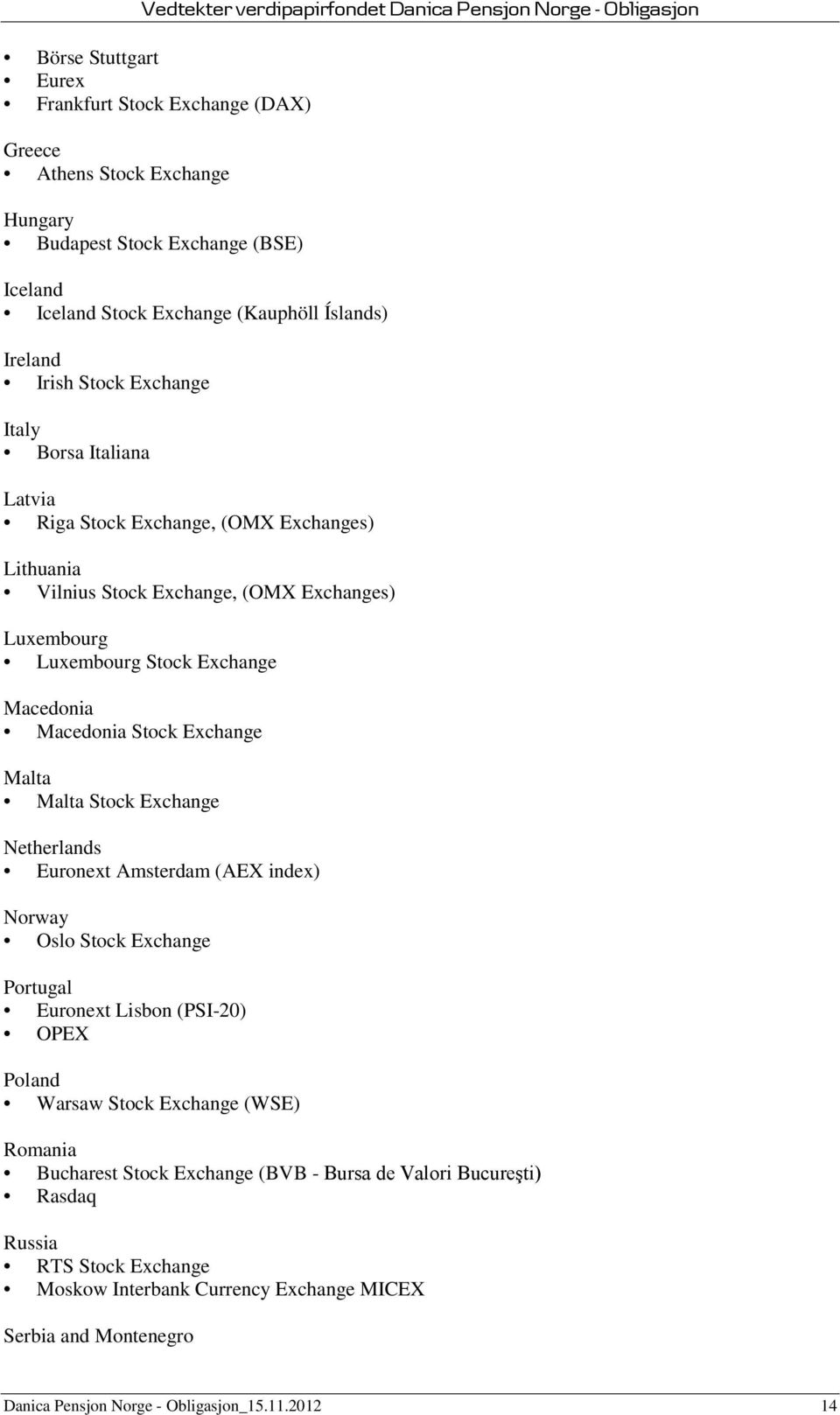 Exchange Malta Malta Stock Exchange Netherlands Euronext Amsterdam (AEX index) Norway Oslo Stock Exchange Portugal Euronext Lisbon (PSI-20) OPEX Poland Warsaw Stock Exchange (WSE) Romania