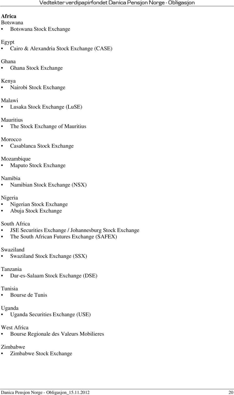 Nigerian Stock Exchange Abuja Stock Exchange South Africa JSE Securities Exchange / Johannesburg Stock Exchange The South African Futures Exchange (SAFEX) Swaziland Swaziland Stock Exchange (SSX)