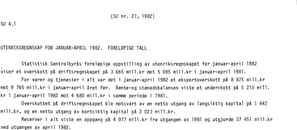 kr i januar-april 1981. For varer og tjenester i alt var det i januar-april 1982 et eksportoverskott på 8 875 mill.kr mot 9 765 mill.kr i januar-april året for.