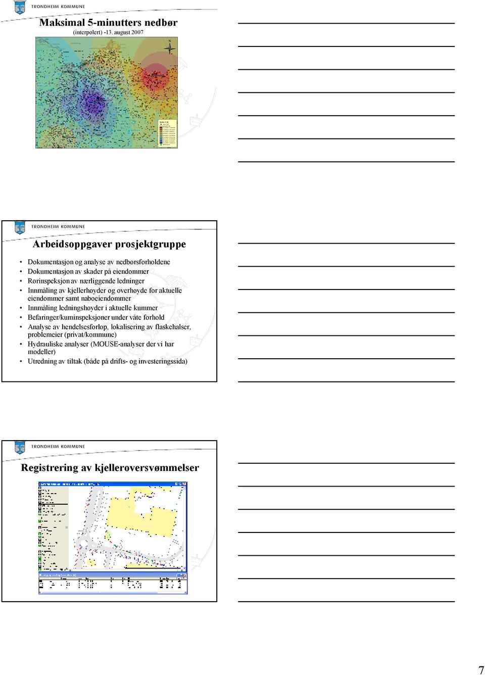 august 2007 Lade Sverresborg Ranheim Voll Risvollan Saupstad Arbeidsoppgaver prosjektgruppe Dokumentasjon og analyse av nedbørsforholdene Dokumentasjon av skader på eiendommer Rørinspeksjon av