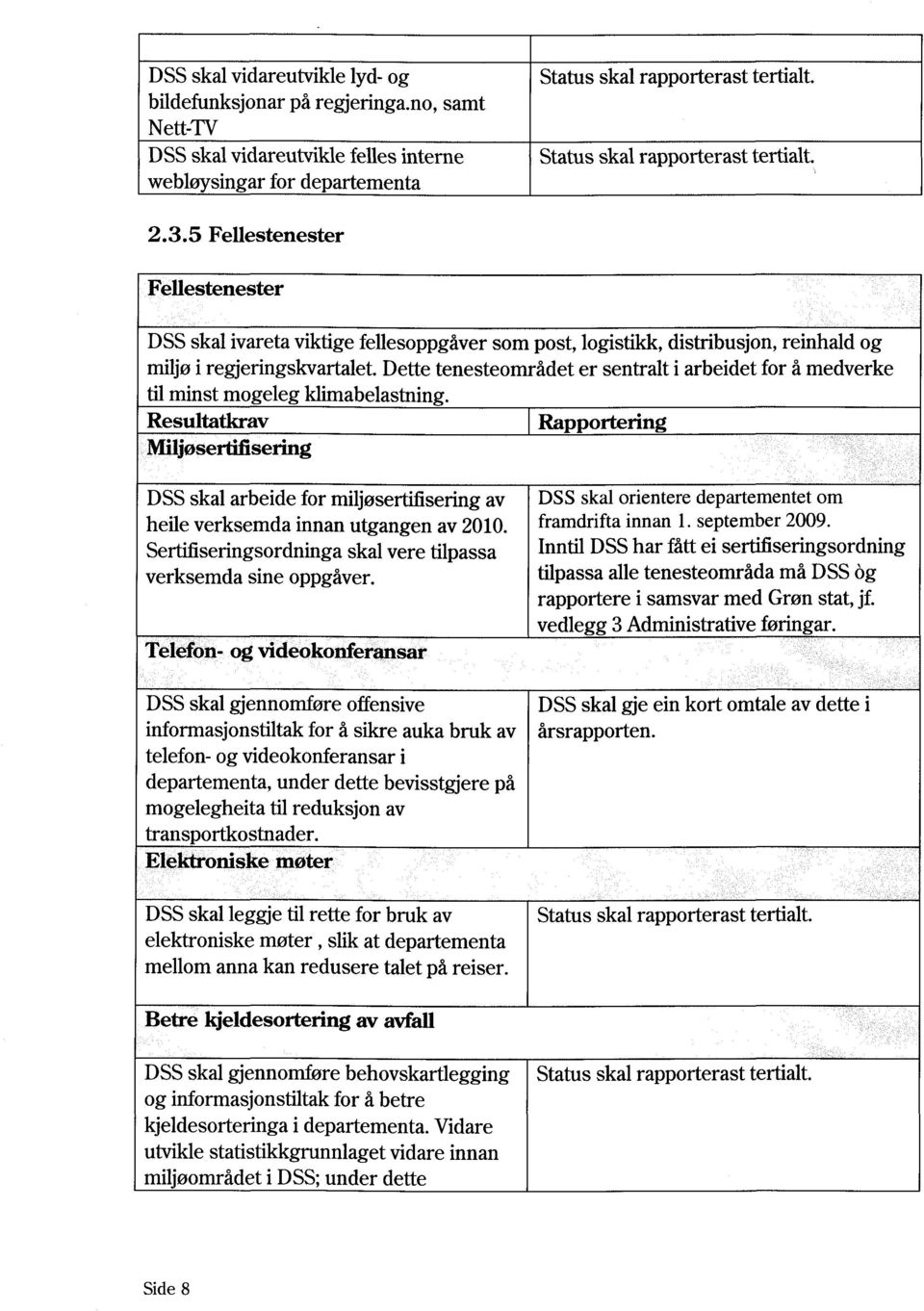 Dette tenesteområdet er sentralt i arbeidet for å medverke til minst mogeleg klimabelastning Resultatkrav Rapportering Miljøsertifiserhig DSS skal arbeide for miljøsertifisering av heile verksemda