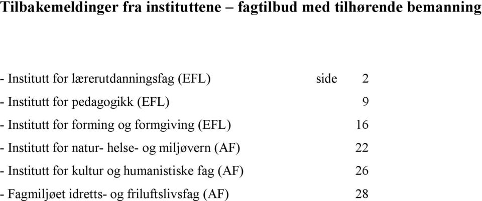 forming og formgiving (EFL) 16 - Institutt for natur- helse- og miljøvern (AF) 22 -