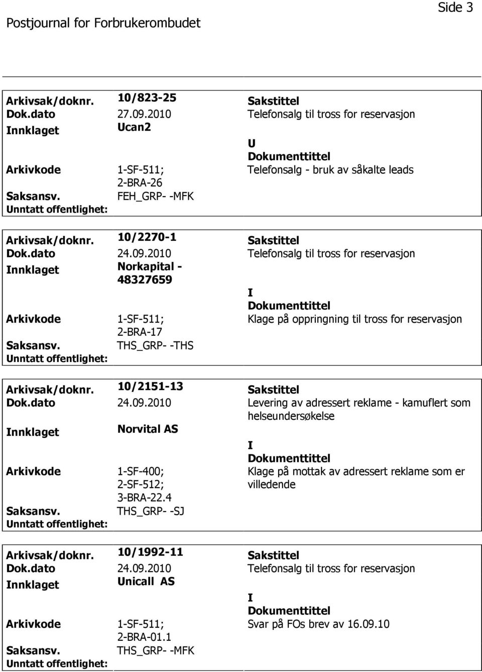 2010 Telefonsalg til tross for reservasjon nnklaget Norkapital - 48327659 2-BRA-17 THS_GRP- -THS Arkivsak/doknr. 10/2151-13 Sakstittel Dok.dato 24.09.