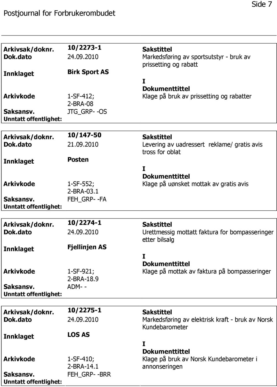 10/147-50 Sakstittel Dok.dato 21.09.2010 Levering av uadressert reklame/ gratis avis tross for oblat nnklaget Posten 1-SF-552; 2-BRA-03.