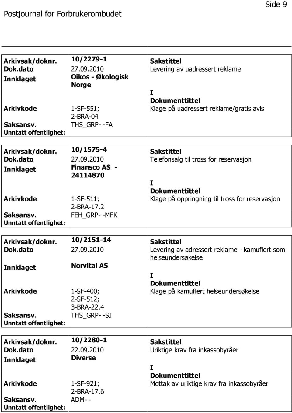 dato 27.09.2010 Telefonsalg til tross for reservasjon nnklaget Finansco AS - 24114870 2-BRA-17.2 FEH_GRP- -MFK Arkivsak/doknr. 10/2151-14 Sakstittel Dok.dato 27.09.2010 Levering av adressert reklame - kamuflert som helseundersøkelse nnklaget Norvital AS 1-SF-400; 2-SF-512; 3-BRA-22.