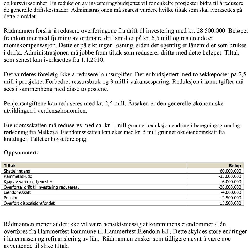 Beløpet framkommer med fjerning av ordinære driftsmidler på kr. 6,5 mill og resterende er momskompensasjon. Dette er på sikt ingen løsning, siden det egentlig er lånemidler som brukes i drifta.