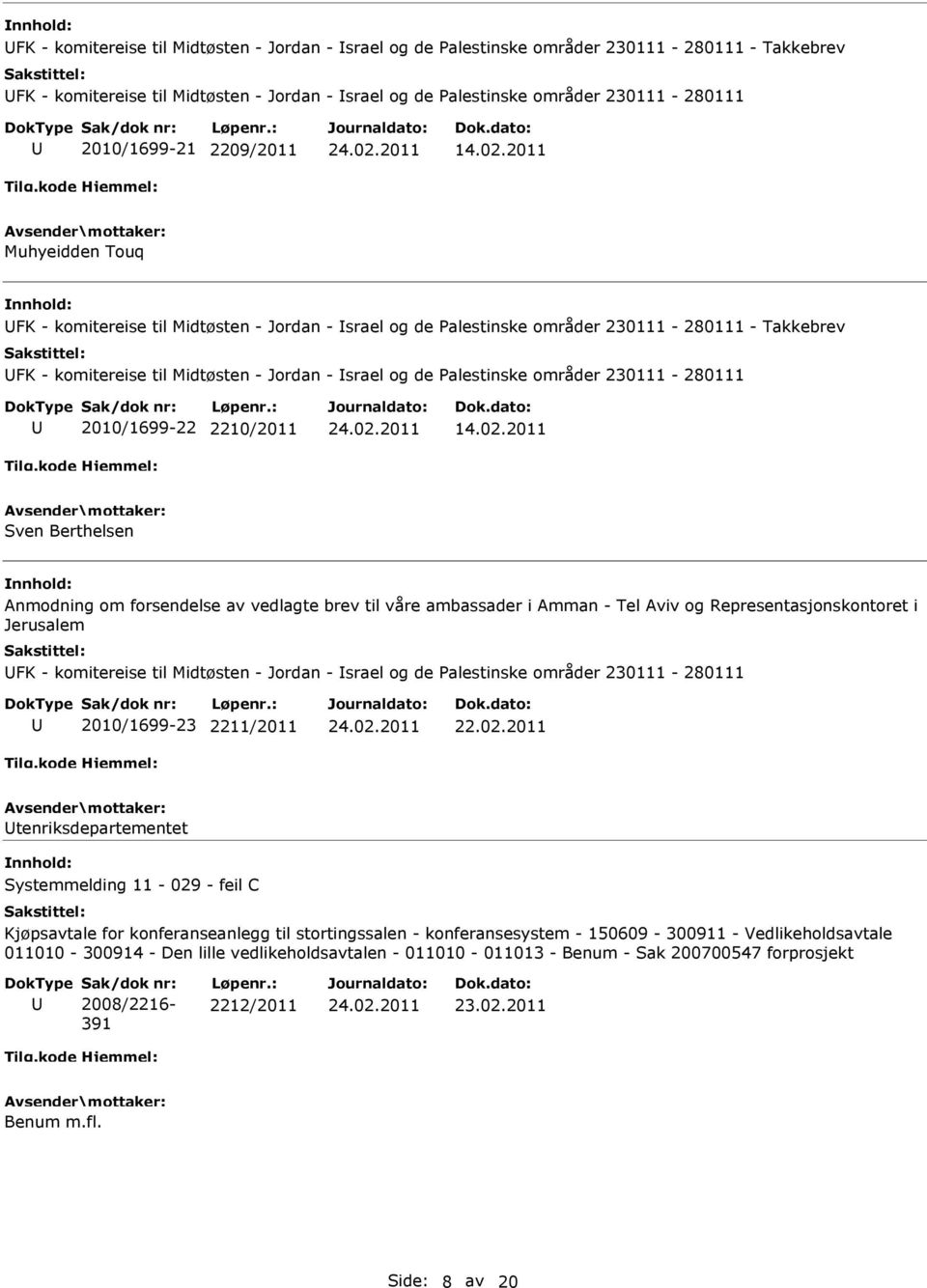 FK - komitereise til Midtøsten - Jordan - srael og de Palestinske områder 230111-280111 2010/1699-23 2211/2011 tenriksdepartementet Systemmelding 11-029 - feil C Kjøpsavtale for konferanseanlegg til