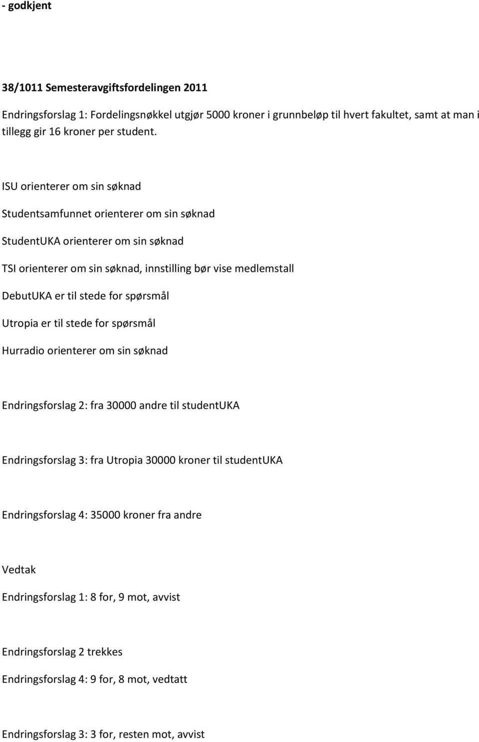 for spørsmål Utropia er til stede for spørsmål Hurradio orienterer om sin søknad Endringsforslag 2: fra 30000 andre til studentuka Endringsforslag 3: fra Utropia 30000 kroner til studentuka