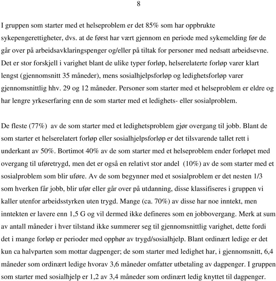 Det er stor forskjell i varighet blant de ulike typer forløp, helserelaterte forløp varer klart lengst (gjennomsnitt 35 måneder), mens sosialhjelpsforløp og ledighetsforløp varer gjennomsnittlig hhv.