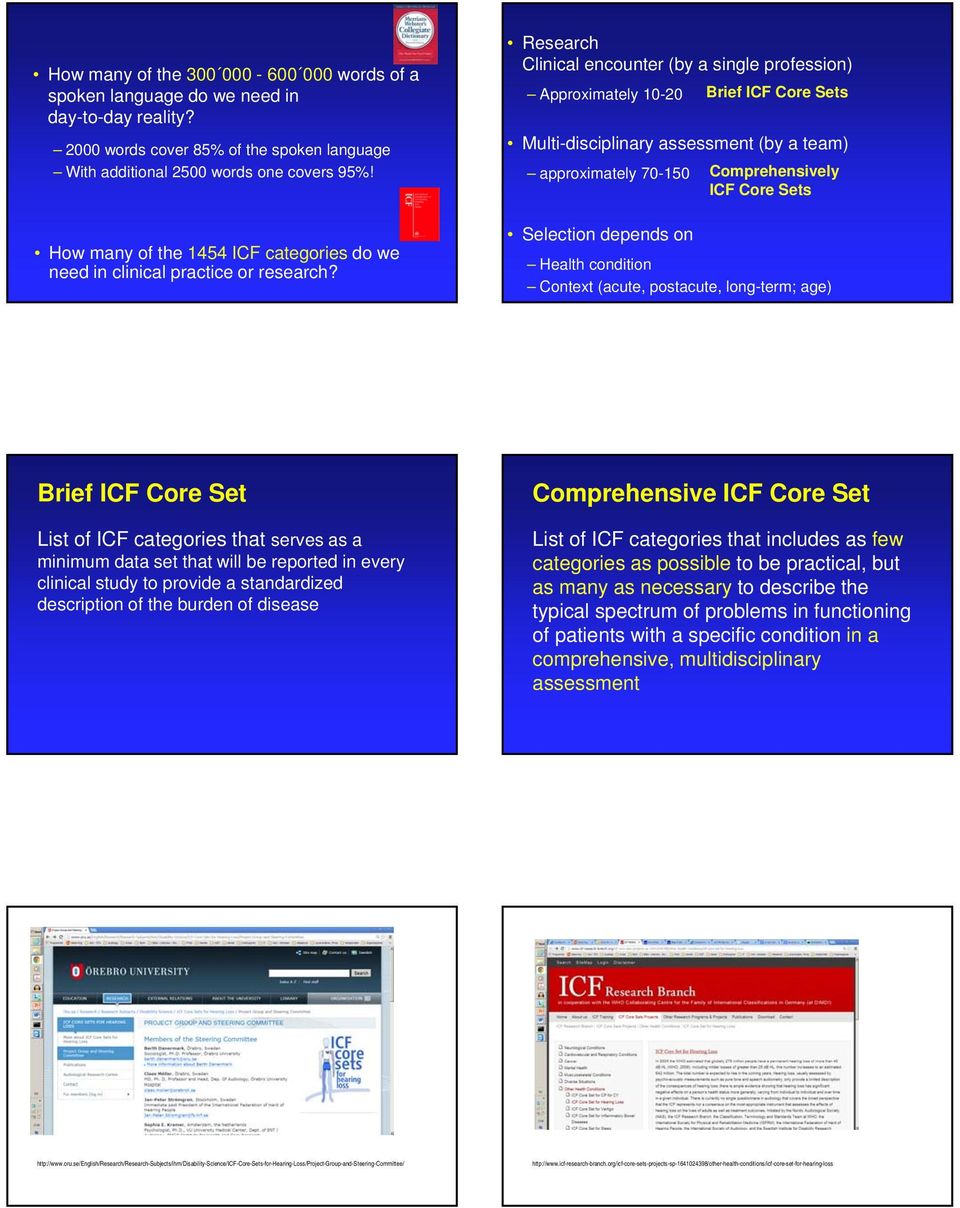 Research Clinical encounter (by a single profession) Approximately 10-20 Multi-disciplinary assessment (by a team) approximately 70-150 Selection depends on Brief ICF Core Sets Comprehensively ICF