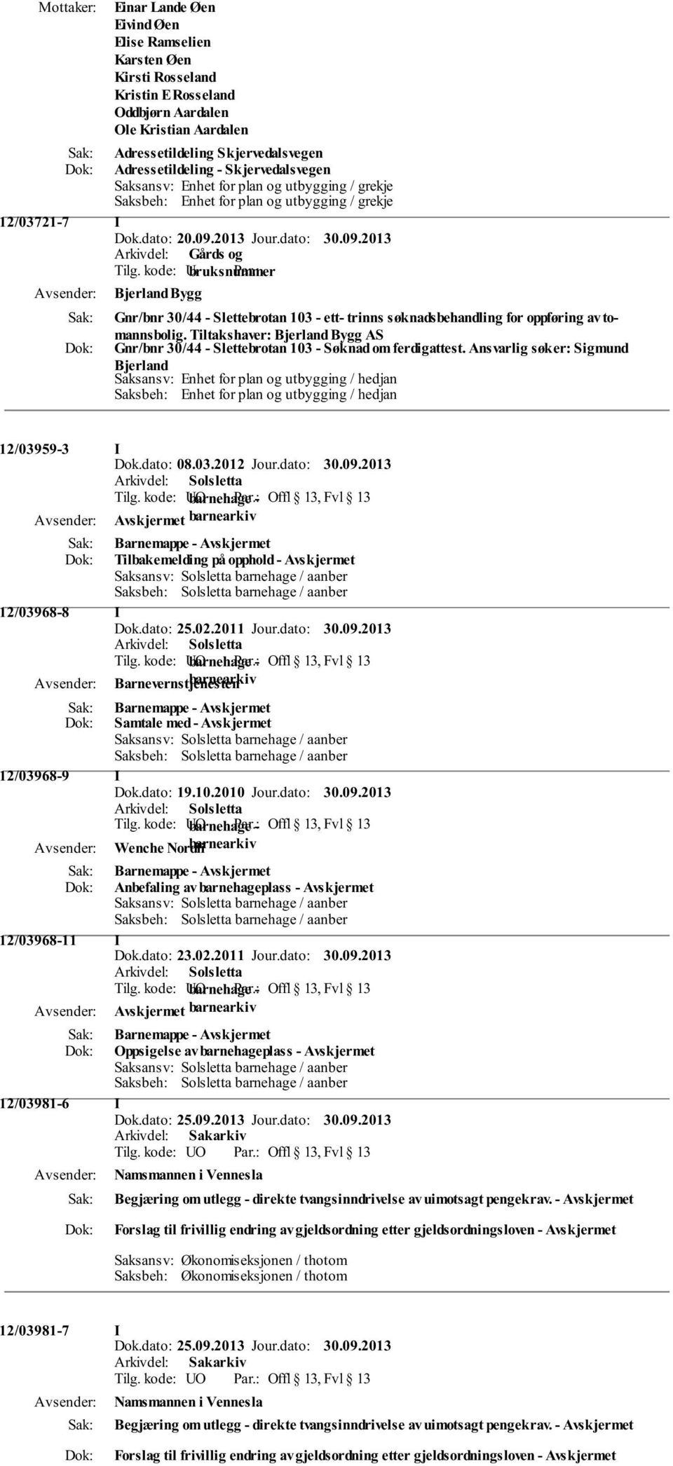 2013 Jour.dato: 30.09.2013 Bjerland Bygg Gnr/bnr 30/44 - Slettebrotan 103 - ett- trinns søknadsbehandling for oppføring av tomannsbolig.