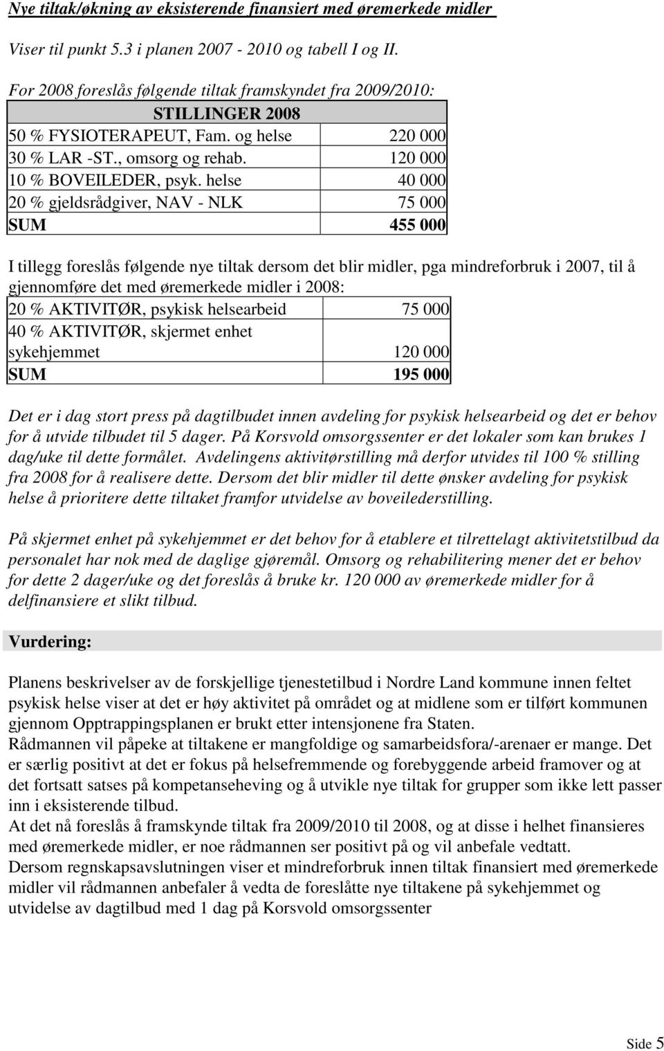 helse 40 000 20 % gjeldsrådgiver, NAV - NLK 75 000 SUM 455 000 I tillegg foreslås følgende nye tiltak dersom det blir midler, pga mindreforbruk i 2007, til å gjennomføre det med øremerkede midler i