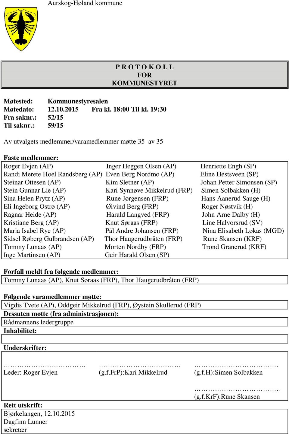 Hestsveen (SP) Steinar Ottesen (AP) Kim Sletner (AP) Johan Petter Simonsen (SP) Stein Gunnar Lie (AP) Kari Synnøve Mikkelrud (FRP) Simen Solbakken (H) Sina Helen Prytz (AP) Rune Jørgensen (FRP) Hans