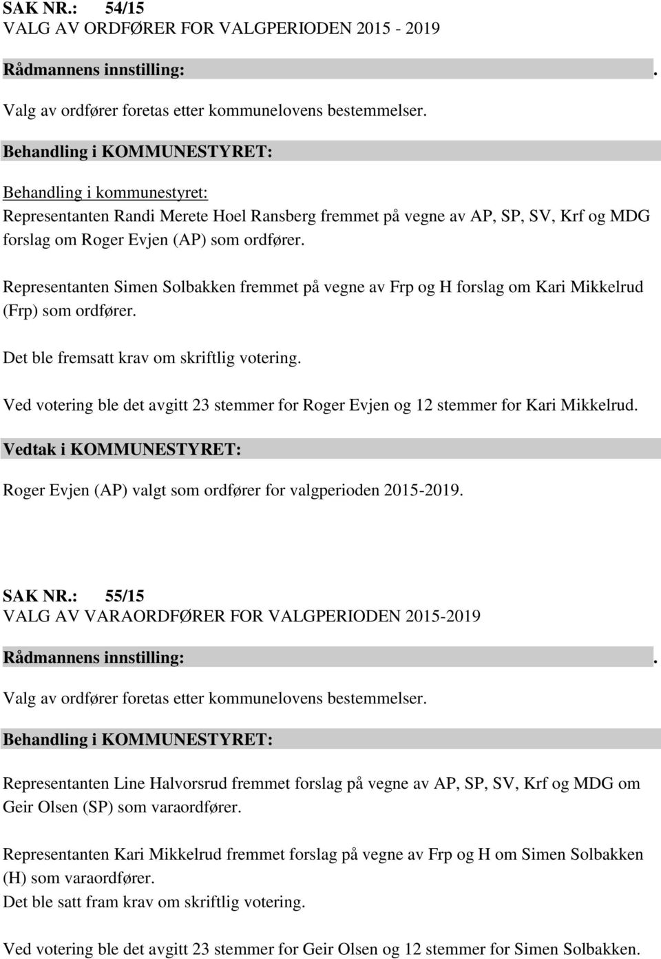 Representanten Simen Solbakken fremmet på vegne av Frp og H forslag om Kari Mikkelrud (Frp) som ordfører. Det ble fremsatt krav om skriftlig votering.