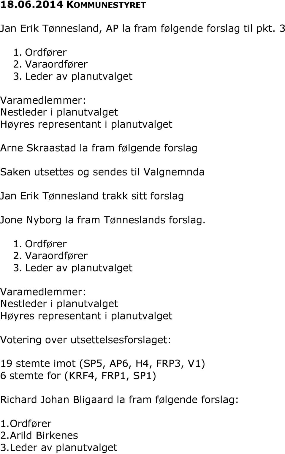 Valgnemnda Jan Erik Tønnesland trakk sitt forslag Jone Nyborg la fram Tønneslands forslag. 1. Ordfører 2. Varaordfører 3.