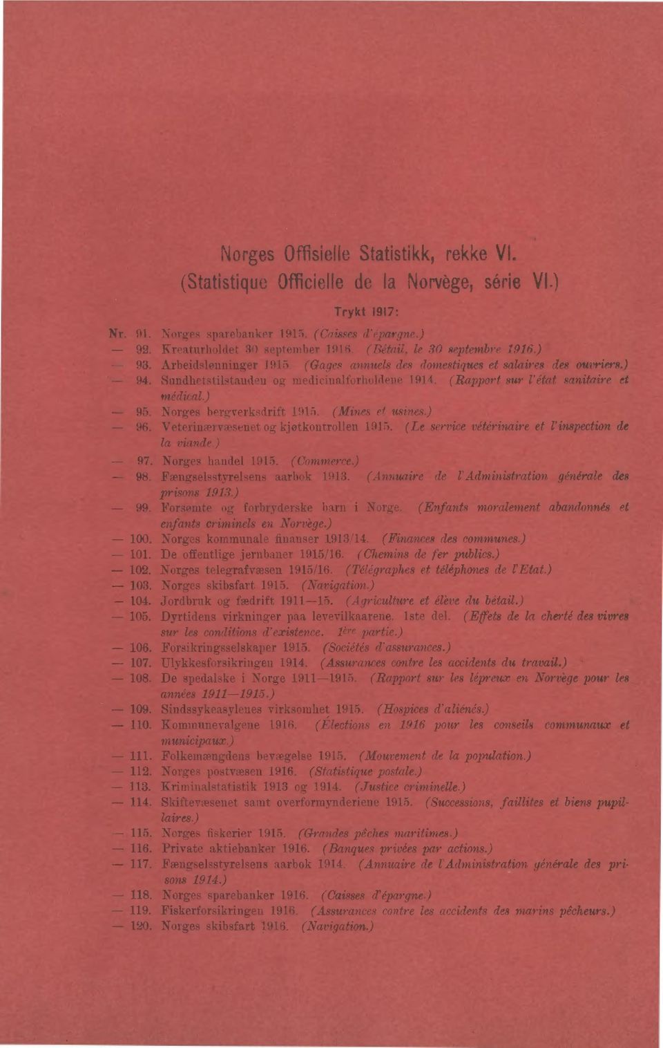 (Rapport sur l'état sanitaire et médical.) 95. Norges bergverksdrift 95. (Mines et usines.) 96. Veterinærvæsenet og kjøtkontrollen 95. (Le service vétérinaire et l'inspection de la viande.) 97.