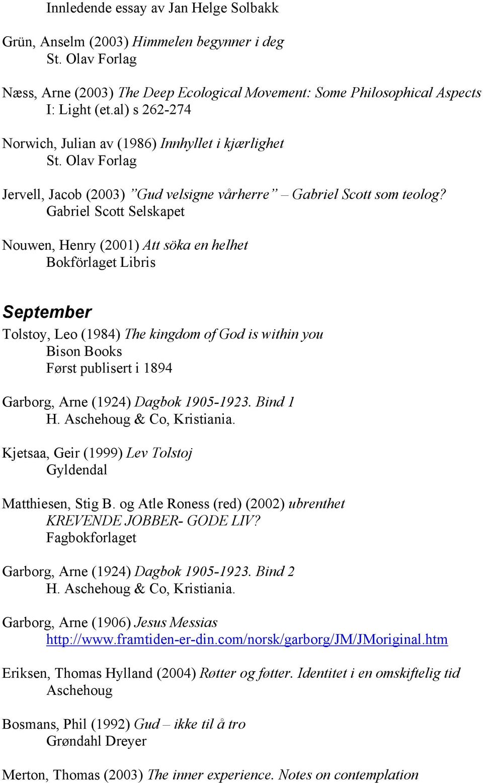 Gabriel Scott Selskapet Nouwen, Henry (2001) Att söka en helhet Bokförlaget Libris September Tolstoy, Leo (1984) The kingdom of God is within you Bison Books Først publisert i 1894 Garborg, Arne