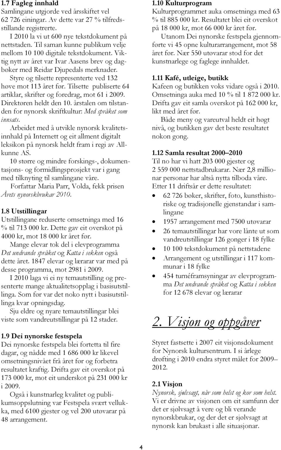 Styre og tilsette representerte ved 132 høve mot 113 året før. Tilsette publiserte 64 artiklar, skrifter og foredrag, mot 61 i 2009. Direktøren heldt den 10.