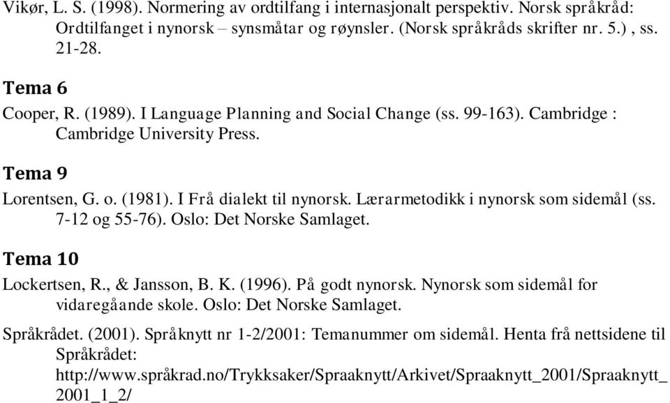 Lærarmetodikk i nynorsk som sidemål (ss. 7-12 og 55-76). Oslo: Det Norske Tema 10 Lockertsen, R., & Jansson, B. K. (1996). På godt nynorsk. Nynorsk som sidemål for vidaregåande skole.