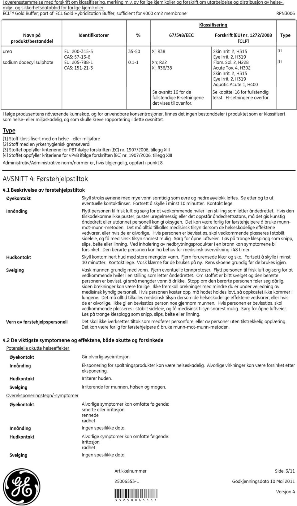 1272/2008 Type [CLP] urea EU: 2003155 CAS: 57136 sodium dodecyl sulphate EU: 2057881 CAS: 151213 3550 Xi; R38 Skin Irrit. 2, H315 Eye Irrit. 2, H319 0.11 Xn; R22 Flam. Sol.