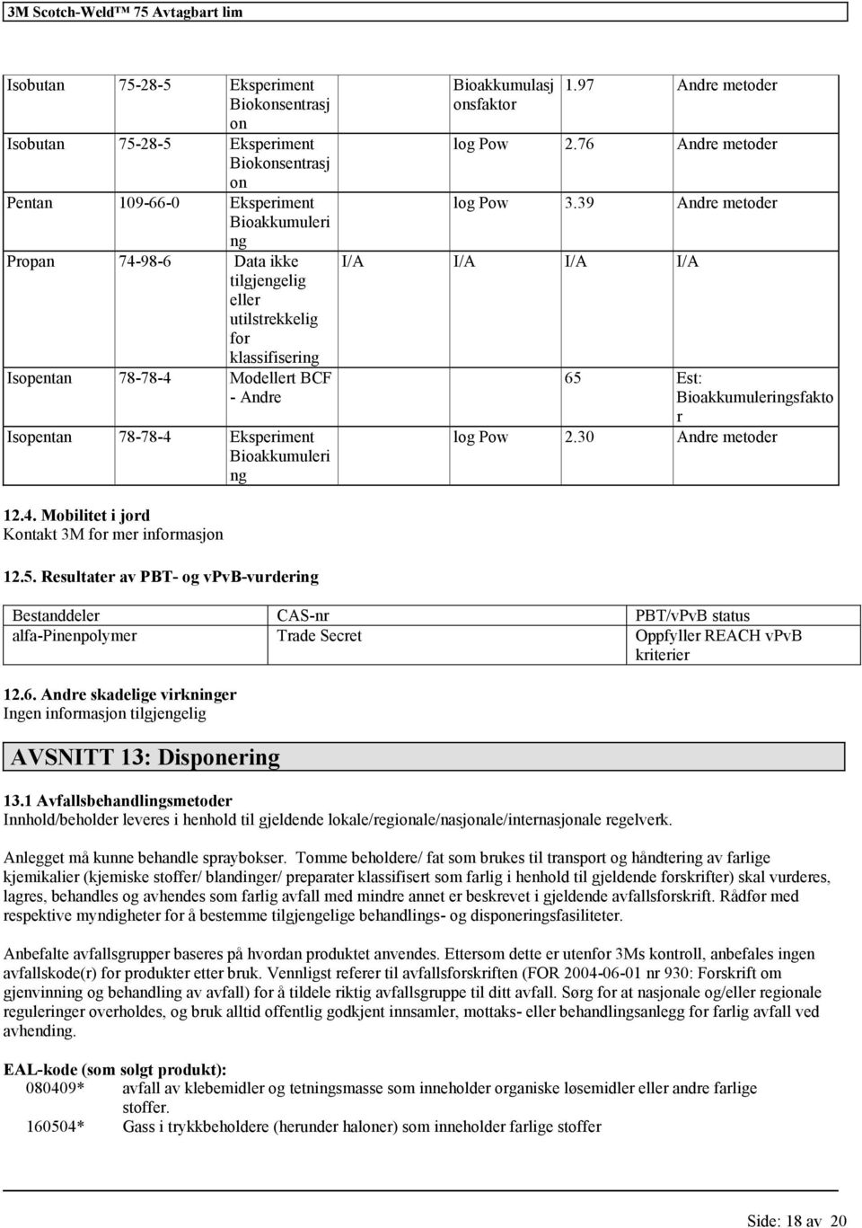 39 Andre metoder I/A I/A I/A I/A 65 Est: Bioakkumuleringsfakto r log Pow 2.30 Andre metoder 12.4. Mobilitet i jord Kontakt 3M mer inmasjon 12.5. Resultater av PBT- og vpvb-vurdering Bestanddeler CAS-nr PBT/vPvB status alfa-pinenpolymer Trade Secret Oppfyller REACH vpvb kriterier 12.